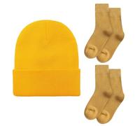WUFGWBD 1 Lemon Yellow Knitted Hat And 2 Pairs Of Yellow Socks, Comfortable And Warm, Autumn And Winter Bright Color Accessories, Suitable For Daily Cold Protection, Fashionable Wear.