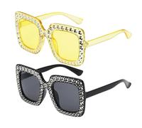 WUFGWBD 2 Pieces Of Square-Frame Sunglasses, Diamond-Encrusted Large-Frame Sunglasses, Fashionable Street Style Glasses, Glitter Rhinestone Sunglasses, Suitable For Parties And Beaches