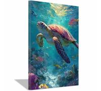 WUFIEA Canvas Paintings Wall Art 1 Panel Sea Creatures Fish Wall Decor Colourful Turtle School Bathroom Kitchen Home Wall Decor(green181)-60x90cm Framed