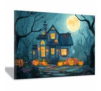 WUFIEA Darks Romantic Poster Vintage Halloween Canvas Wall Art Pumpkins house for Livings Room Bathroom Home Decor(dark green111)-60x80cm Framed