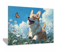 WUFIEA Funny Bathroom Wall Art Decor Vintage Dog Canvas Wall Art Chasing butterflys dog for Livings Room Bedroom Bathroom Kitchen Home Decor(blue-white21)-40x60cm Framed
