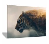WUFIEA HD Print Painting Funny Animals Tigers Pictures Canvas Poster Double-shadow Tigers Wall Decor for Home Decoration(Brown)-70x100cm Framed
