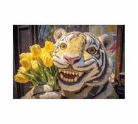 WUFIEA HD Print Painting Funny Animals Tigers Pictures Canvas Poster Holding flower Tigers Wall Decor for Home Decoration(Brown)-60x80cm Unframed