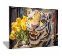 WUFIEA HD Print Painting Funny Animals Tigers Pictures Canvas Poster Holding flower Tigers Wall Decor for Home Decoration(Brown)-20x30cm Framed