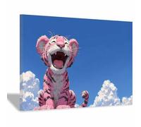 WUFIEA Majestic Tigers Art Animal Aesthetic Poster Canvas Wall Art Laughing pink Tigers for Bedroom Living Room Paintings Pictures Wall Decor(Pink)-60x80cm Framed