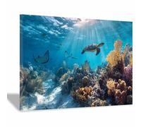 WUFIEA Ocean Theme Canvas Wall Art Animal Poster Reef Encounters for Living Room, Bedroom, Bathroom, Office.(blue06)-60x90cm Framed