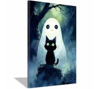 WUFIEA Vintage Halloween Canvas Wall Art,Creepy Print Cats Companion for the Livings room, bedroom, bathroom, office, kitchen, dorm, apartment(haze blue161)-40x60cm Framed