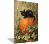 WUFIEA Vintage Halloween Canvas Wall Art,Fall Home Decor Cats Playing with Pumpkin for Livings Room Bedroom cozy library corner, or haunted house setups(black250)-40x60cm Framed