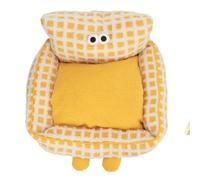 WUGHVS Pet Sofa Bed, Soft Plush Cat Couch Bed with Armrests, Detachable Washable Cushion for Small Dogs Cats Rabbits, Cozy Yellow Checkered Pet Lounger with Cute Eyes Design (M)