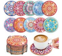 WuGU 10-Piece Diamond Painting Coasters Kit with Holder, DIY Bohemian Coasters and Non-Slip Drink Coasters for Home, Garden, Bar, and More