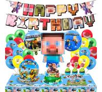 WuGU 73Pcs Happy Birthday Party Tableware Decorations Set, Miner Gaming Theme Party Supplies Include Paper Plates Cups Napkins Balloons Banner, Miner Party Table Cake Decoration for Boys Girls Kids