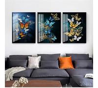 WUHBCZ 3 Pictures Set-Yelloow Butterfly Print Abstract Golden Blue Butterfly Wall Art Modern Wall Pictures For Living Kitchen Office Bedroom Home Room Decoration-50x70cm (No Frame)