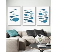 WUHBCZ Art Prints,Set of 3-Nordic Blue Modern Gold Foil Fish Shoal Poster Abstract Prints Canvas Painting Wall Art For Bedroom Restaurant Living Room Home Decoration-40 * 60cm/16 * 24inch (No Frame)