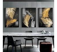 WUHBCZ Black Golden Leaf Abstract Gold Feather Wall Art Canvas Painting Poster Print Picture for Kitchen Bedroom Office Home Room Decoration-50 * 60cm*3pcs (Unframed)