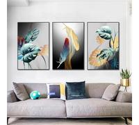 WUHBCZ Wall Picture，Nordic Wall Art Canvas Painting Green Plants Leaves Golden Feathers Modern Abstract Art Poster and Print Pictures for Living Office Room Decor-40 * 60cm-3Pcs (Unframed Print