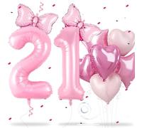 Wuhetyo Pink Number 21 Balloon Set Large Foil Number Balloon 40 Inch with Bow & Heart Balloons Big Mylar Pink Balloons for 21st Birthday Anniversary Party Decorations Supplies 10Pcs