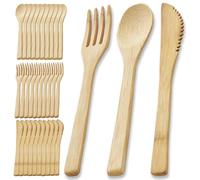 Wuhonghao Bamboo Cutlery Set, Bamboo Cutlery Camping Tableware, 30 Pieces, 10 x Bamboo Spoons, Fork Knife, Wooden Cutlery Reusable, Sustainable Bamboo Tableware, Disposable, Wooden Cutlery Degradable