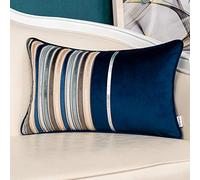 Wuiil Yangest Navy Blue Striped Patchwork Throw Pillow Cover Gold Leather Cushion Cover Zippered Rectangular Pillowcase for Sofa Couch Bedroom Living Room Home Decoration, 12 x 20 Inch
