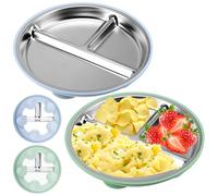 WUISOLQP 2 Pack Stainless Steel Toddler Plate, Baby Suction Plates, with Removable Silicone, BPA-Free, Baby Bowls for Weaning with Suction Weaning Plate Stainless Steel Divided Plates (Blue+Green)