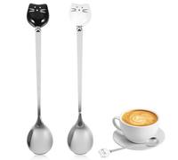 WUISOLQP Stainless Steel Cat Spoon Set - 2 Pcs Long Handle Hanging Cup Teaspoon Latte Spoon for Ice Cream, Dessert, Cake, Milk & Stirring