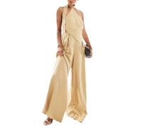 Wuitrie 2 Piece Sets for Women Going out Tie Up Backless Halter Tops Wide Leg High Waisted Pants Business Casual Work Outfits, Yellow, XX-Large