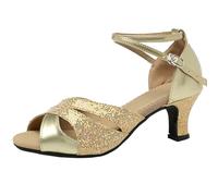 WUIWUIYU Women's Ankle Strap Dance Shoes for Ballroom Salsa Tango Flamenco Latin Paso Doble Footwear Size 7.5 Gold(Suede Sole)