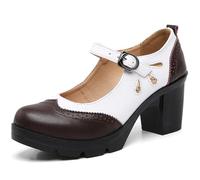 WUIWUIYU Women's Chunky Low Block Heels Mary Jane Closed Toe Work Pumps Size 6.5 Brown & White