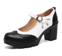 WUIWUIYU Women's Chunky Low Block Heels Mary Jane Closed Toe Work Pumps Size 7 Black & White
