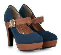 WUIWUIYU Women's Hook&Loop Mary Jane Dress Shoes Work Casual Cosplay Platform Ankle Strap Round Toe High Heels Pumps Size 9 Blue