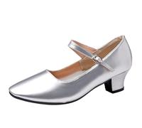 WUIWUIYU Women's Latin Ballroom Dance Shoes Pointed Toe Ankle Strap Soft Sole Mary Jane Shoes Size 6 Silver
