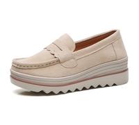 WUIWUIYU Women's Slip-On Casual Suede Wedge Loafers Fashion Platform Moccasin Sneakers Shoes Size 3 Apricot