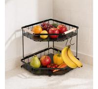 WuJiLiving 2 Tier Corner Fruit Basket for Kitchen Counter, Detachable Metal Fruit Bowl with 2 Banana Hangers, Protective Mats, Large Capacity Fruit and Veg Storage with Wooden Handles, Black