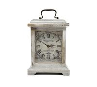 WuJiLiving Wooden Mantel Clock, Rustic White Distressed Finish, Vintage Roman Numeral Dial, Silent Quartz Table Shelf Clock for Living Room, Fireplace