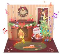 WUJUN 3D Pop Up Christmas Cards with Music & Lights, Animated Christmas Card, Playing 3 Songs with 3 Matching Lights Blinking Modes,Greeting Card Christmas House (Fireplace)