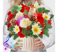 WUJUN Christmas Cards, 3D Pop-up Merry Christmas Card with Music & Lights, Snowman & Poinsettia, 10 inch Life Sized Forever Flower Bouquet Gift Cards for Mom Women Aunt Daughter