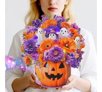 WUJUN Halloween Cards with Music & Lights, Pop Up Halloween Decorations, Ghost & Dasiy, 10 Inch Life Sized Forever Flower Bouquet Gifts for Wife Mom Grandma Women Daughter