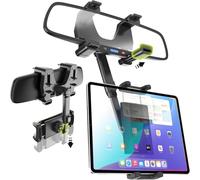 Wukanleng Car Tablet Holder for Rearview Mirror, 18.5cm Telescopic Arm Rear View Mirror Phone Mount with 360° Rotation Compatible with iPad Pro 13/12.9/Air/Mini, Galaxy Z Fold, 4-13" Devices