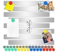 Wukong 30x3cm, 8 Pack Magnetic Stainless Sliver Boards Strips, Adhesive Backing Bulletin Bar Board, Memo Board with 32Pcs Colorful Magnets for Office, Home, Photo Wall, Documents and Fridge