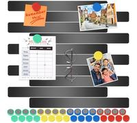 Wukong Magnetic Stainless Black Boards Strips, 10 Pack, 30x3cm, Adhesive Backing Bulletin Bar, Memo Board with 32Pcs Colorful Magnets for Office, Home, Photo Wall, Documents, Fridge