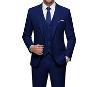WULFUL Men’s Slim Fit Suit One Button 3-Piece Blazer Dress Business Wedding Party Jacket Vest & Pant, Blue, L
