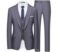 WULFUL Men’s Slim Fit Suit One Button 3-Piece Blazer Dress Business Wedding Party Jacket Vest & Pant, Dark Grey, L