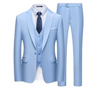 WULFUL Men’s Slim Fit Suit One Button 3-Piece Blazer Dress Business Wedding Party Jacket Vest & Pant, Light Blue, M