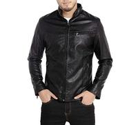 WULFUL Men's Stand Collar Leather Jacket Motorcycle Lightweight Faux Leather Outwear - black - Large