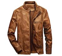 WULFUL Men's Stand Collar Leather Jacket Motorcycle Lightweight Faux Leather Outwear - brown - Large