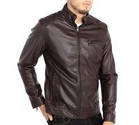 WULFUL Men's Stand Collar Leather Jacket Motorcycle Lightweight Faux Leather Outwear, Coffee, Large