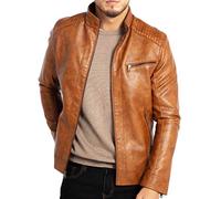 WULFUL Men's Stand Collar Leather Jacket Motorcycle Lightweight Faux Leather Outwear, Coffee, Large