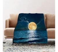 wulipotr Fleece Blanket | Soft Cozy Flannel Throw Blanket | Perfect for Home, Bedroom, Sleepovers & Camping,Ocean Set,Magical Super Moon Over Ocean Surface Midnight View Dreamy Mystic,76x100cm