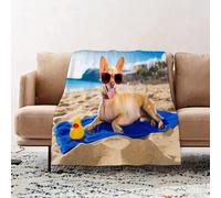 wulipotr Fleece Blanket | Soft Cozy Flannel Throw Blanket | Perfect for Home, Bedroom, Sleepovers & Camping,chihuahua dog at the ocean shore beach wearing red funny sunglasses sng at camer,76x100cm