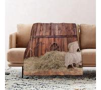 wulipotr Fleece Blanket | Soft Cozy Flannel Throw Blanket | Perfect for Home, Bedroom, Sleepovers & Camping,Barn wood wagon wheel, rural old horse barn inside hay and wood plank,76x100cm