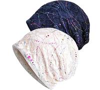 WULIQIUQIU Lace Chemo Beanie Hat for Women Turban Cancer Cap Slouchy Hat A-White+Navy Blue